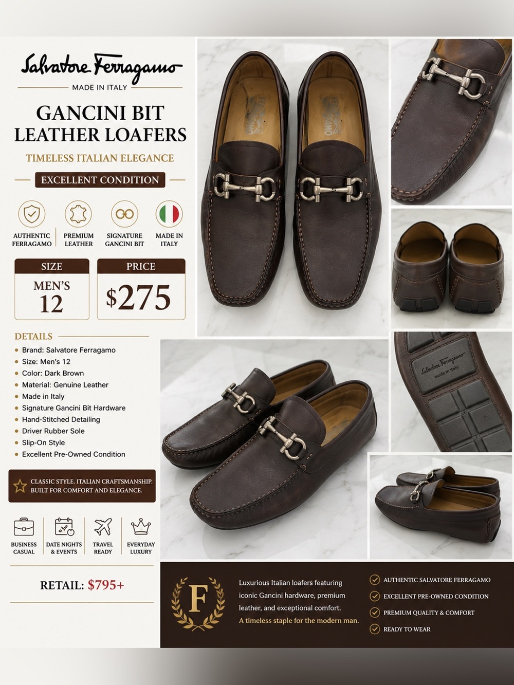 Salvatore Ferragamo Dark Brown Gancini Leather Bit Loafers